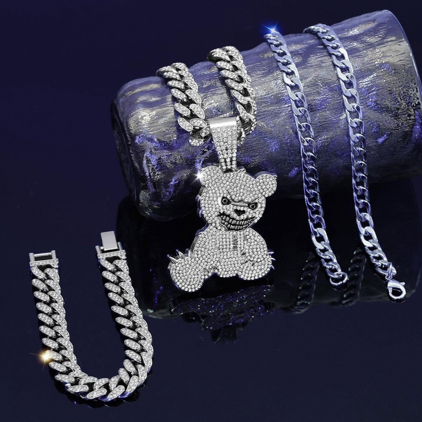 Fashion Jewelry Fully-jewelled Bear Pendant Necklace Bracelet Three-piece Set - PureSelect