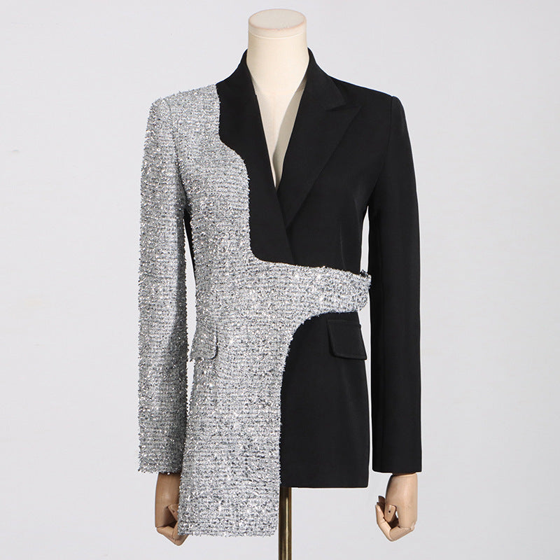 Contrast Color Woolen Patchwork Slim-fit Long-sleeved Small Suit Jacket - PureSelect