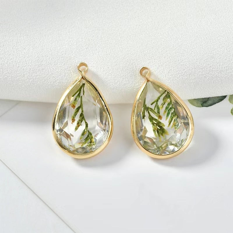 Christmas Small Tree Real Leaves Water Drop Copper Edging Earrings - PureSelect