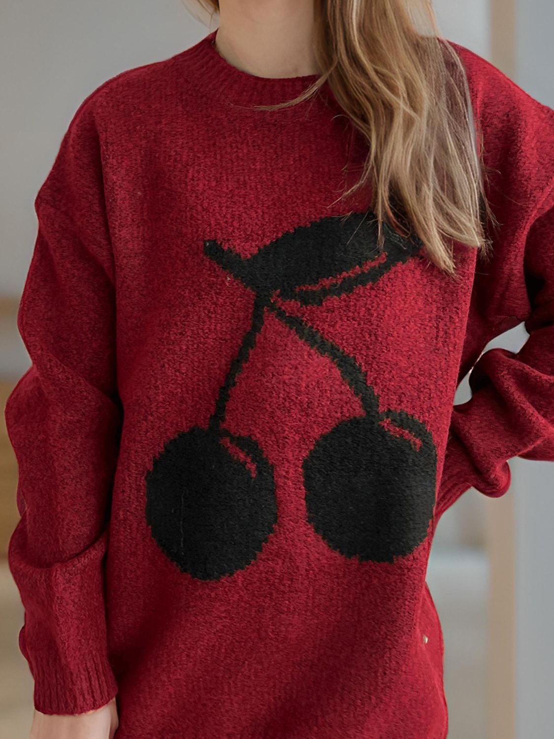 Cherry Round Neck Long Sleeve Sweater