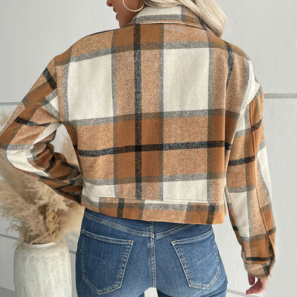 Plaid Cropped Jacket with Pockets - PureSelect