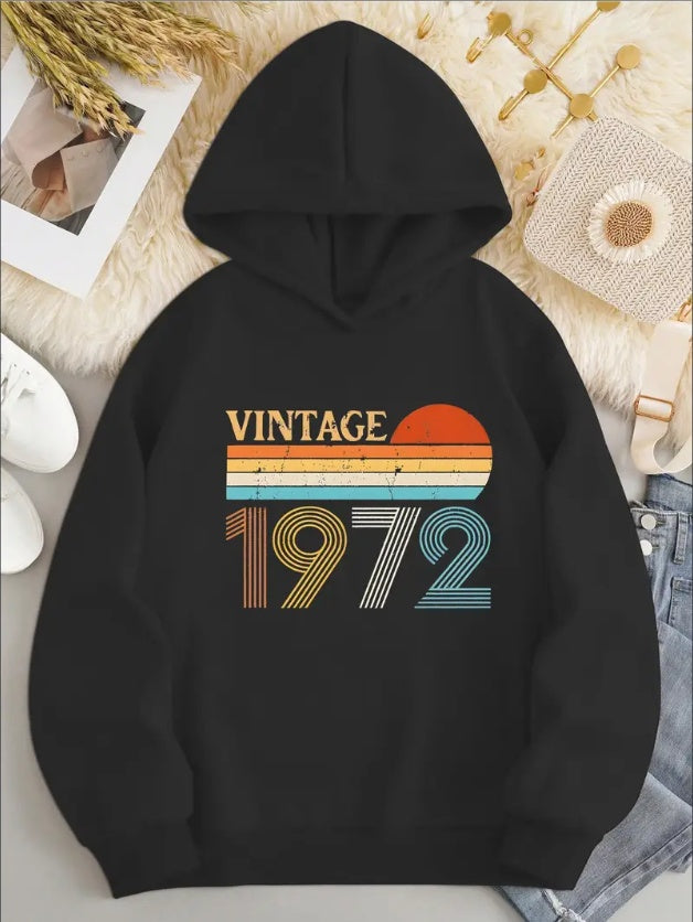 Vintage 1972 Print Hoodie, Drawstring Casual Hooded Sweatshirt For Winter & Fall, Women's Clothing