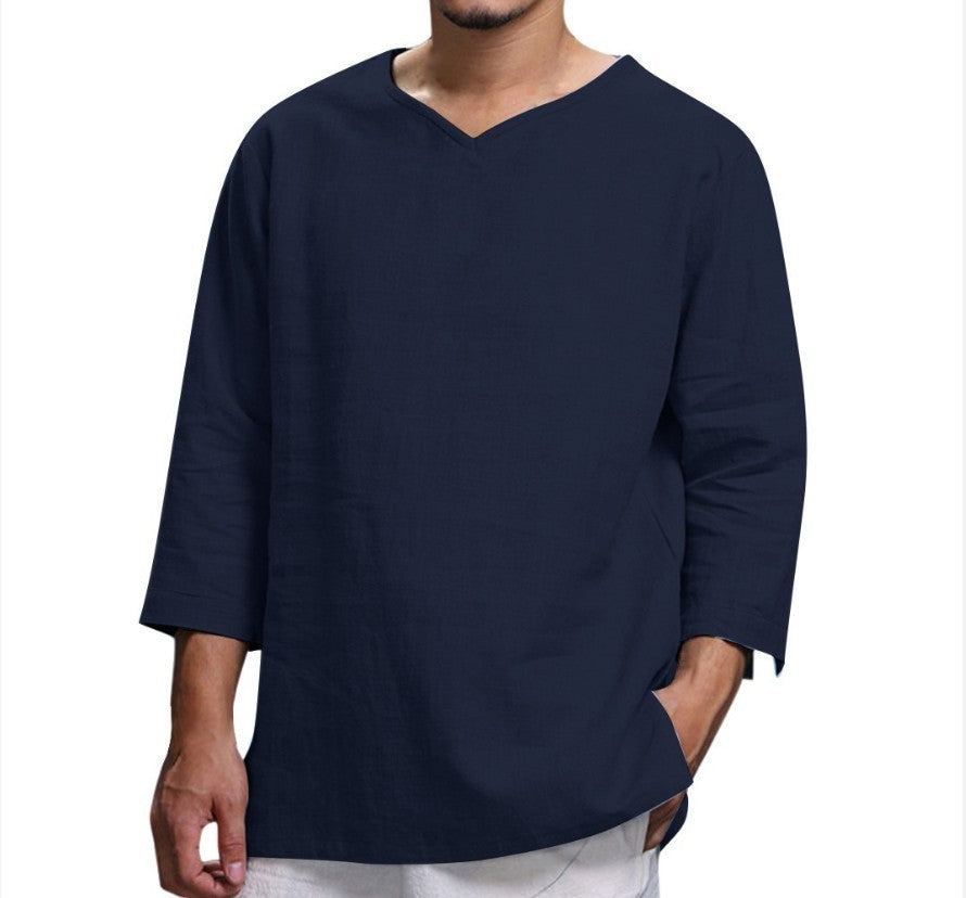 Men's Loose Casual V-Neck Top – Cotton and Linen Long Sleeve Pullover Shirt