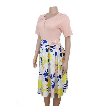 Large Size Women's Printed Bow Pleated Dress