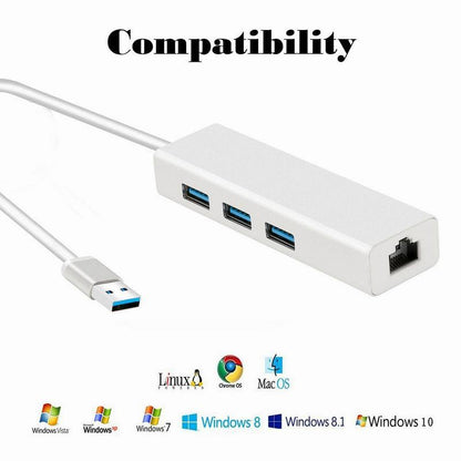 USB 3.0 Gigabit Ethernet LAN RJ45 Network Adapter Hub (1000Mbps)