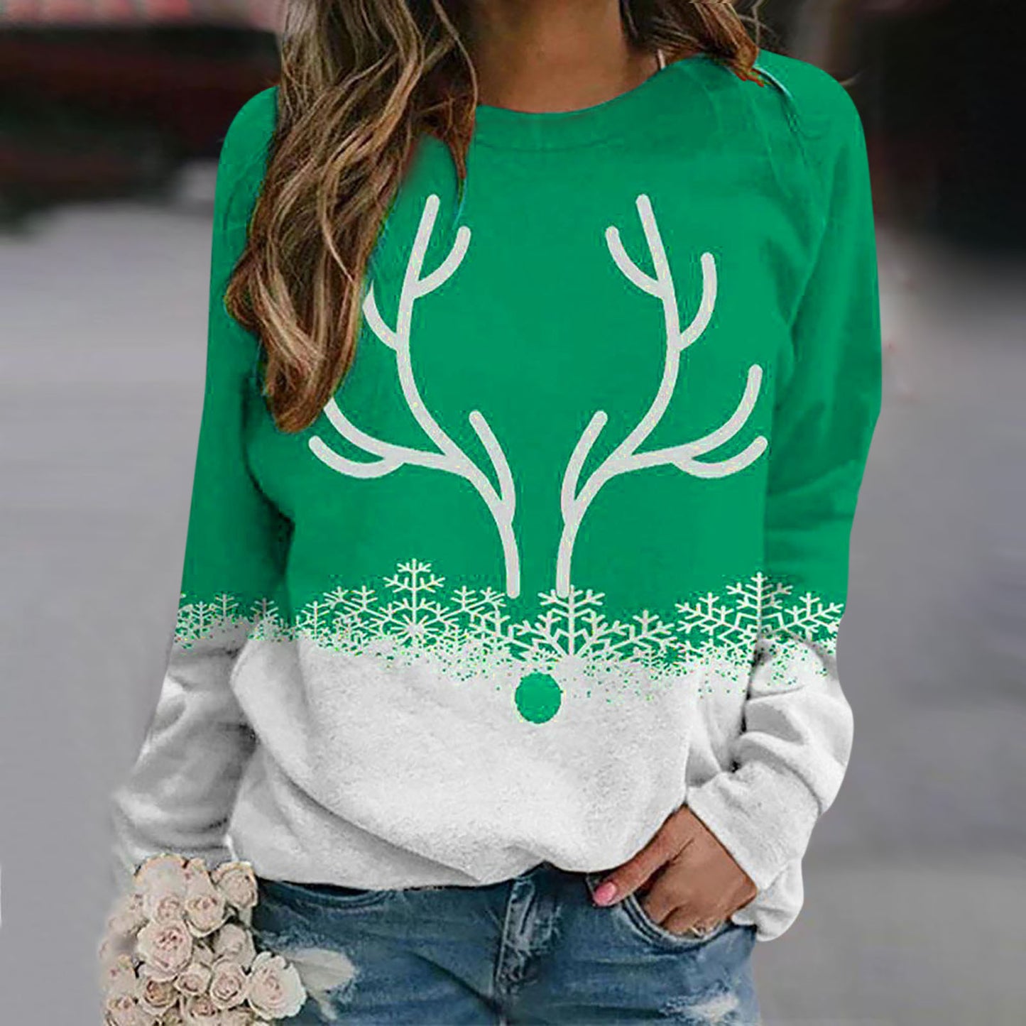 Snowflake and Deer Printed Round Neck Christmas Pullover Sweater