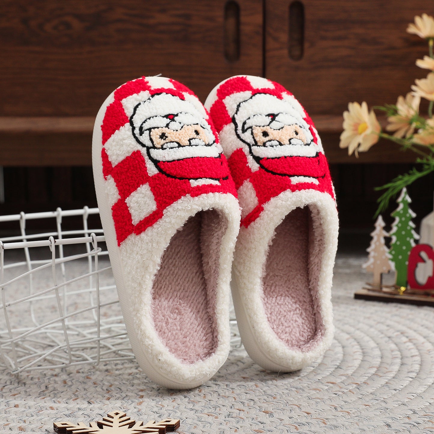 Christmas Plaid Santa Claus Fuzzy Indoor Slippers for Women