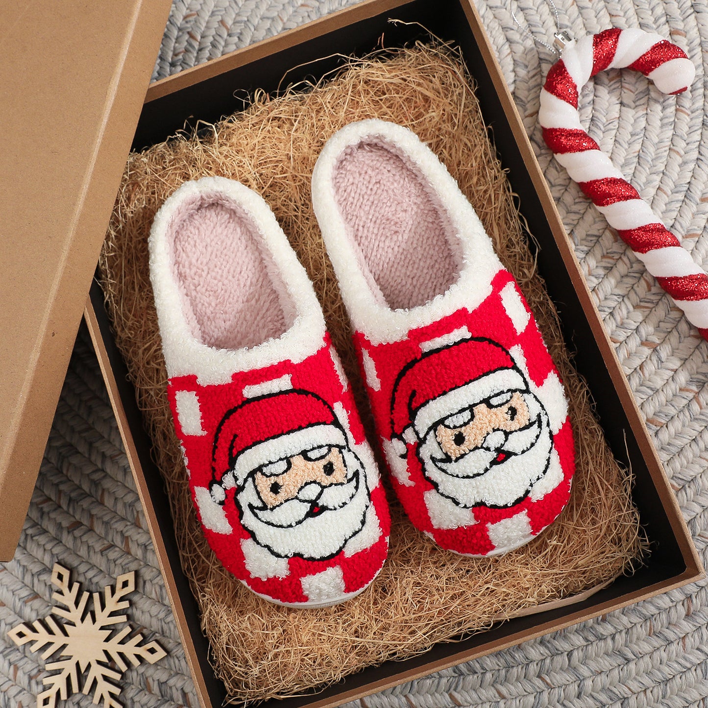 Christmas Plaid Santa Claus Fuzzy Indoor Slippers for Women