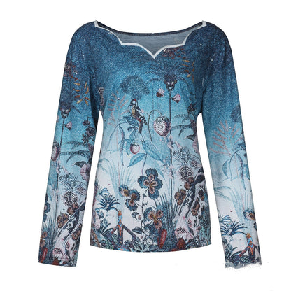 V-Neck Long Sleeve Printed Pullover T-Shirt for Women