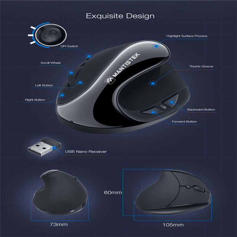 Vertical ergonomic optical mouse with adjustable DPI, featuring wireless connection and comfortable grip for enhanced productivity.