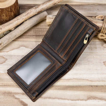 Vintage Leather Bi-Fold Wallet with Zipper Coin Pouch