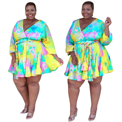 Women's Plus Size Long Sleeve Mini Bodycon Dress with Pleated Print