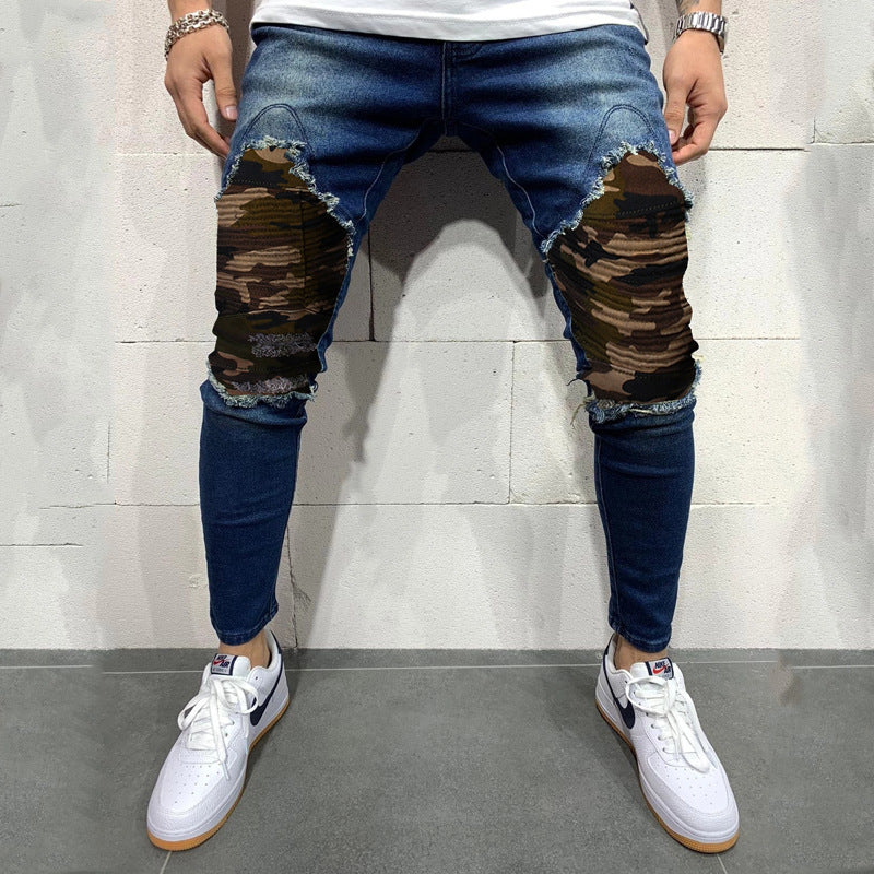 Slim Fit Pleated Camouflage Jeans for Men