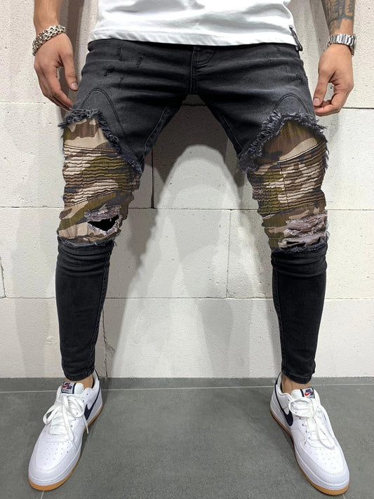 Slim Fit Pleated Camouflage Jeans for Men