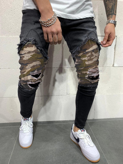 Slim Fit Pleated Camouflage Jeans for Men