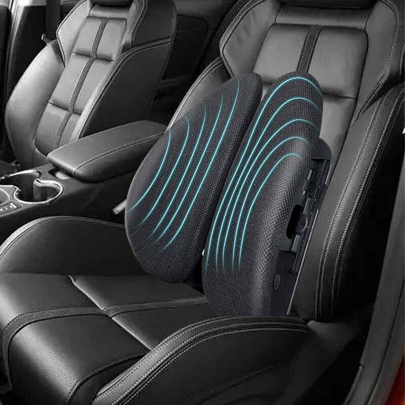 Ergonomic waist cushion on car seat for improved posture, featuring breathable mesh and memory foam in black with blue accents.