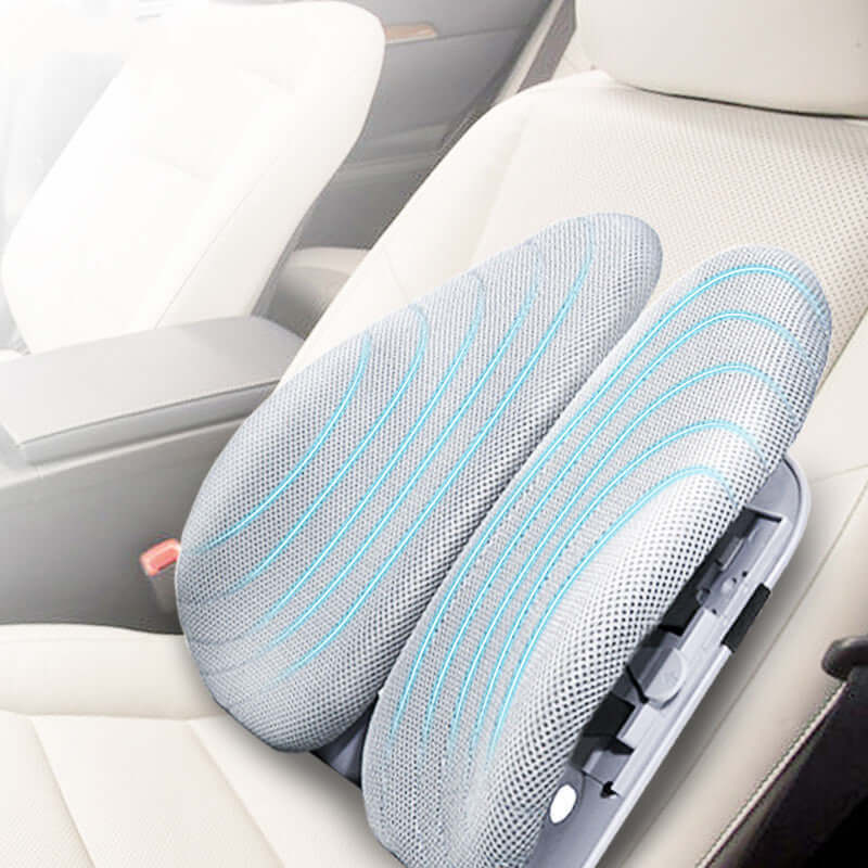 Ergonomic waist cushion with breathable mesh on car seat for improved posture and comfort, in grey.