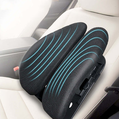 Ergonomic waist cushion for car and office, black with blue accents, breathable cloth mesh, memory foam support, on a car seat.