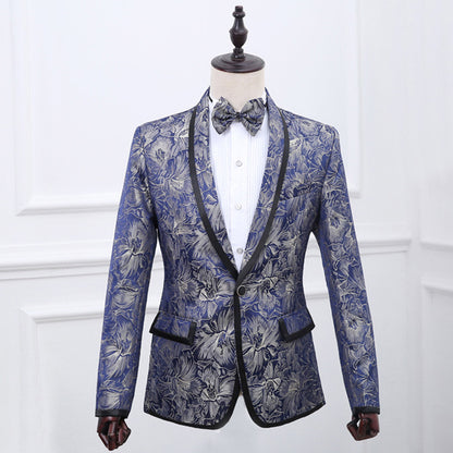 Blue Brocade Best Man's Suit with Green Fruit Collar and Black Edge