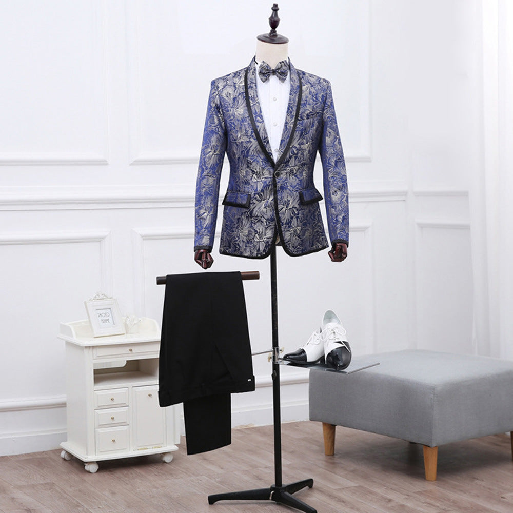 Blue Brocade Best Man's Suit with Green Fruit Collar and Black Edge