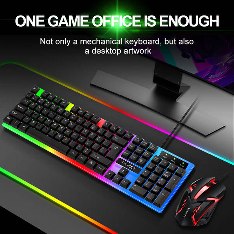 Ergonomic wired gaming keyboard with rainbow backlit keys and included USB mouse on a sleek desktop setup.