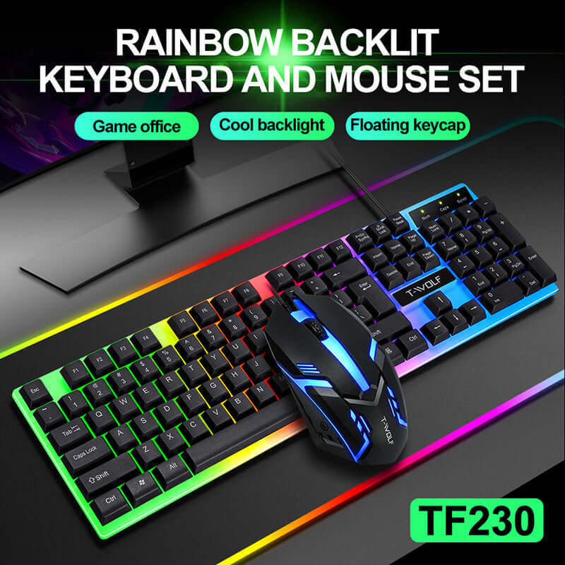 Rainbow backlit wired gaming keyboard and mouse set with ergonomic design for comfortable sessions, featuring multimedia keys.