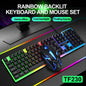 Rainbow backlit wired gaming keyboard and mouse set with ergonomic design for comfortable sessions, featuring multimedia keys.