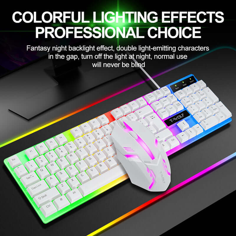 Wired rainbow backlit USB gaming keyboard with ergonomic design and mouse, featuring colorful lighting and multimedia function keys.