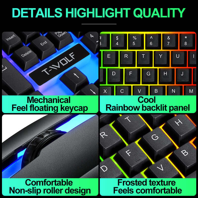 Wired gaming keyboard with mechanical feel and rainbow backlit keys, featuring non-slip roller design and frosted comfortable texture.