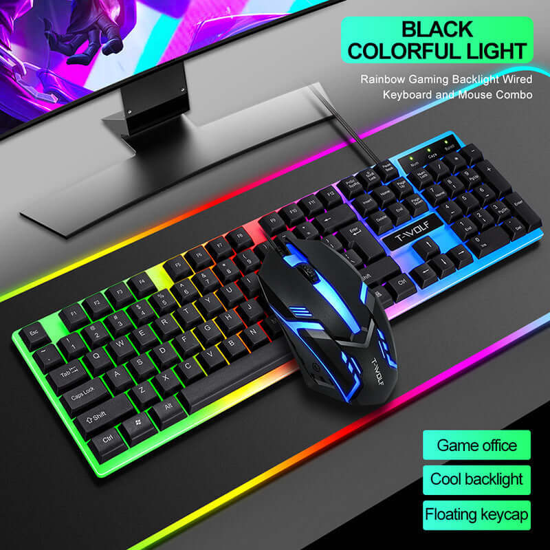 Wired rainbow backlit ergonomic gaming keyboard and USB mouse combo with cool backlight effect on a gaming desk.