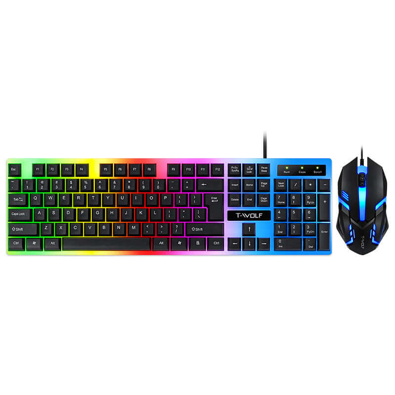 Wired rainbow backlit USB ergonomic gaming keyboard with compact design and matching USB mouse.