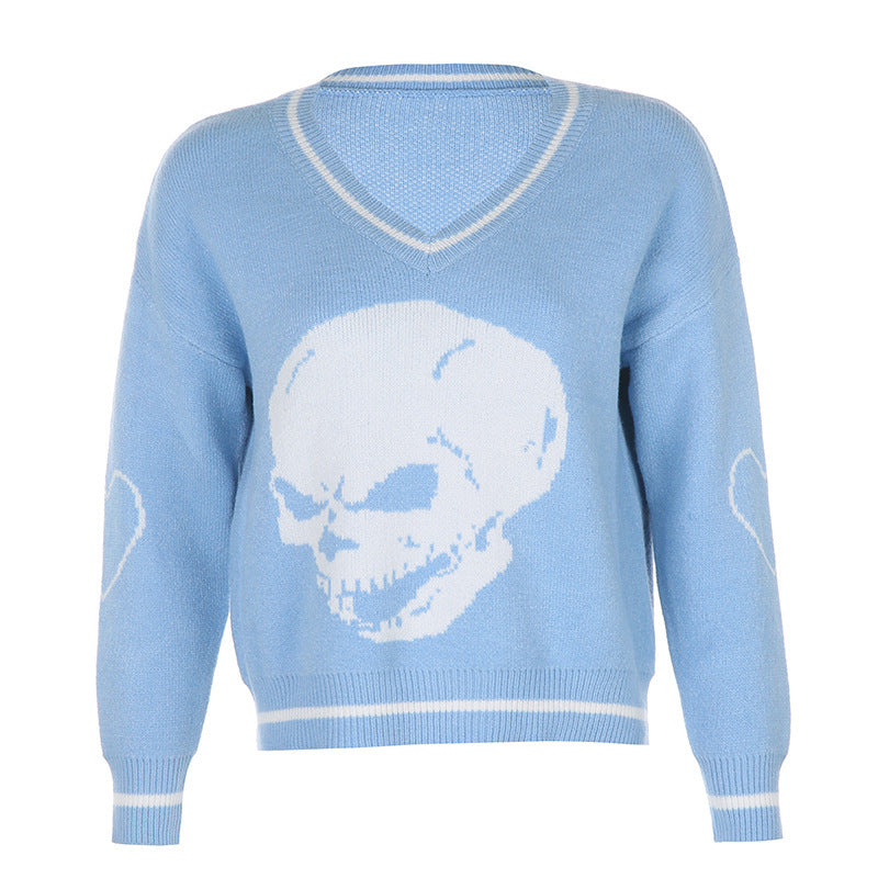 Loose-Fit V-Neck Knitted Pullover Sweater with Skull Pattern