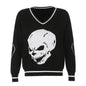 Loose-Fit V-Neck Knitted Pullover Sweater with Skull Pattern