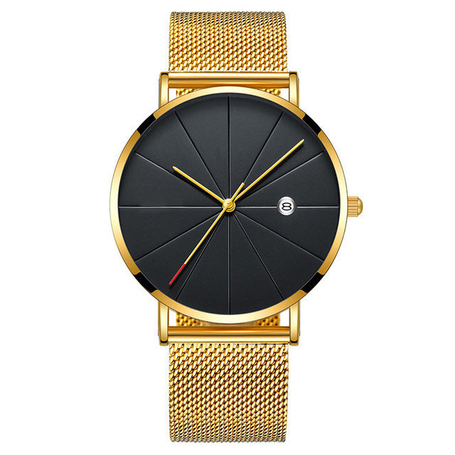 Slim Calendar Men’s Quartz Wristwatch with Stainless Steel Mesh Band