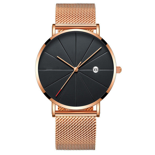 Slim Calendar Men’s Quartz Wristwatch with Stainless Steel Mesh Band