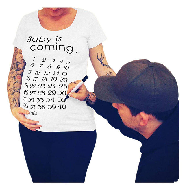 Slim Maternity T-Shirts with Funny Lettering - O-Neck Design for Pregnant Women