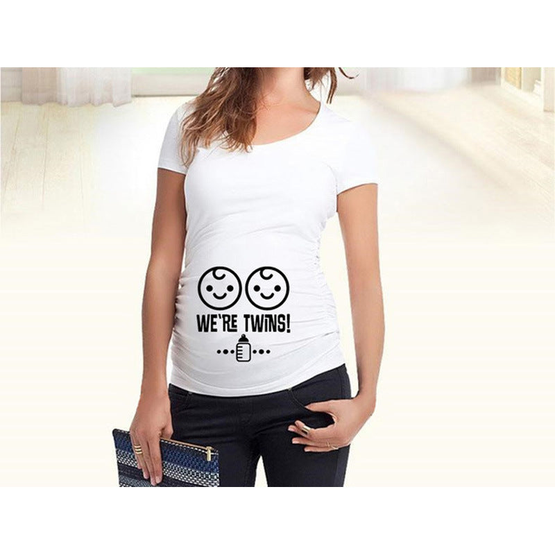 Slim Maternity T-Shirts with Funny Lettering - O-Neck Design for Pregnant Women