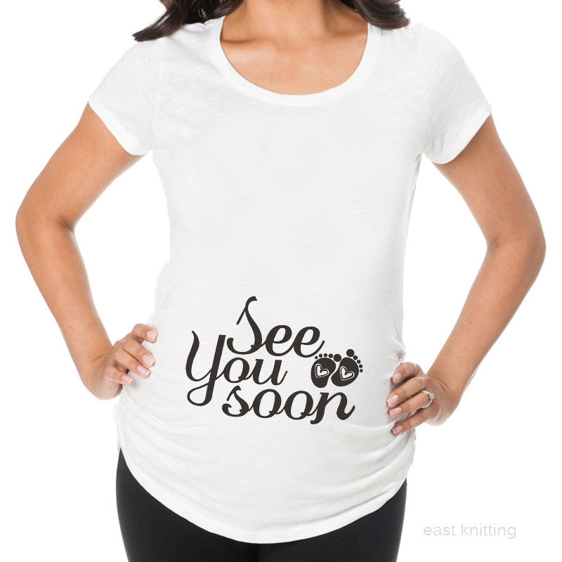 Slim Maternity T-Shirts with Funny Lettering - O-Neck Design for Pregnant Women