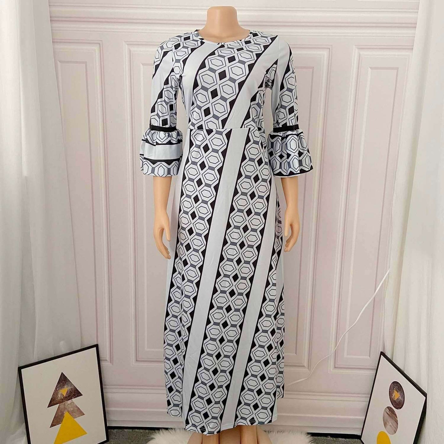 Plus Size Printed African Dress with Long Sleeves for Spring