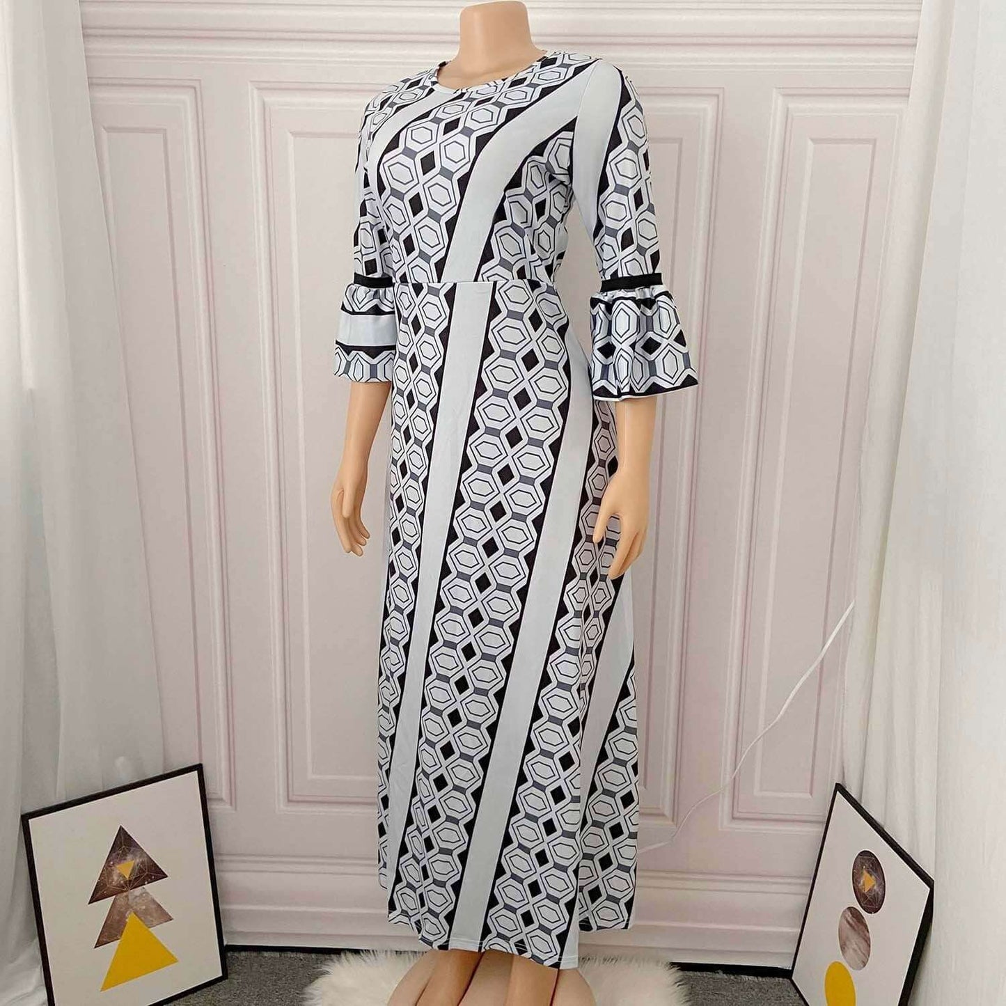 Plus Size Printed African Dress with Long Sleeves for Spring