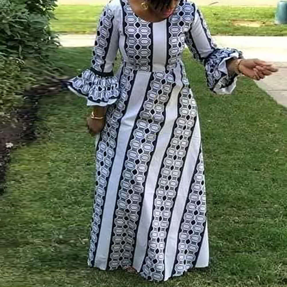 Plus Size Printed African Dress with Long Sleeves for Spring