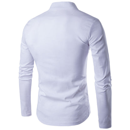 Stand-Up Collar Simple Men's Linen Cotton Long-Sleeved Shirt