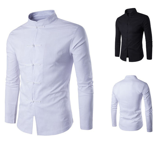 Stand-Up Collar Simple Men's Linen Cotton Long-Sleeved Shirt