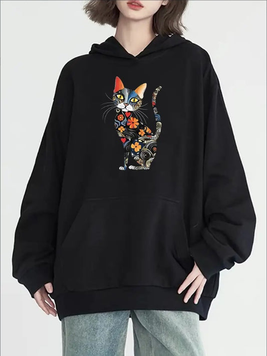 Women's Floral Cat Graphic Print Hoodie With Kangaroo Pocket Casual Long Sleeve Hooded Sweatshirt With Slight Stretch - All Season Hooded Pullover Top