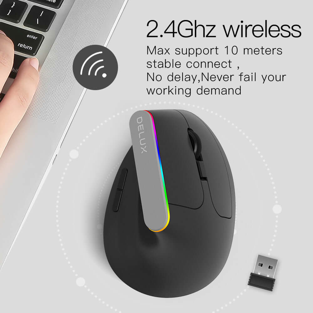 RGB vertical ergonomic wireless mouse M618C with USB dongle next to laptop, featuring 2.4Ghz wireless connection and colorful design.