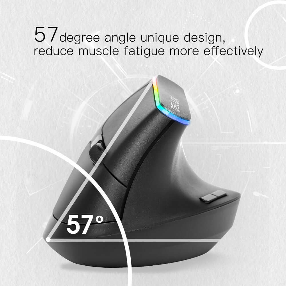 Ergonomic M618C RGB vertical wireless mouse with 57-degree angle design to reduce muscle fatigue, featuring 6 buttons and DPI options.