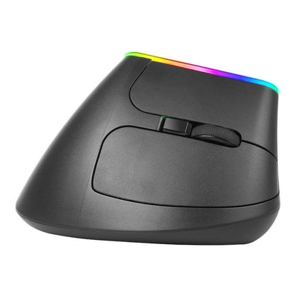 Colorful RGB vertical ergonomic wireless mouse M618C with ergonomic design and 6 buttons, featuring vibrant LED lighting.