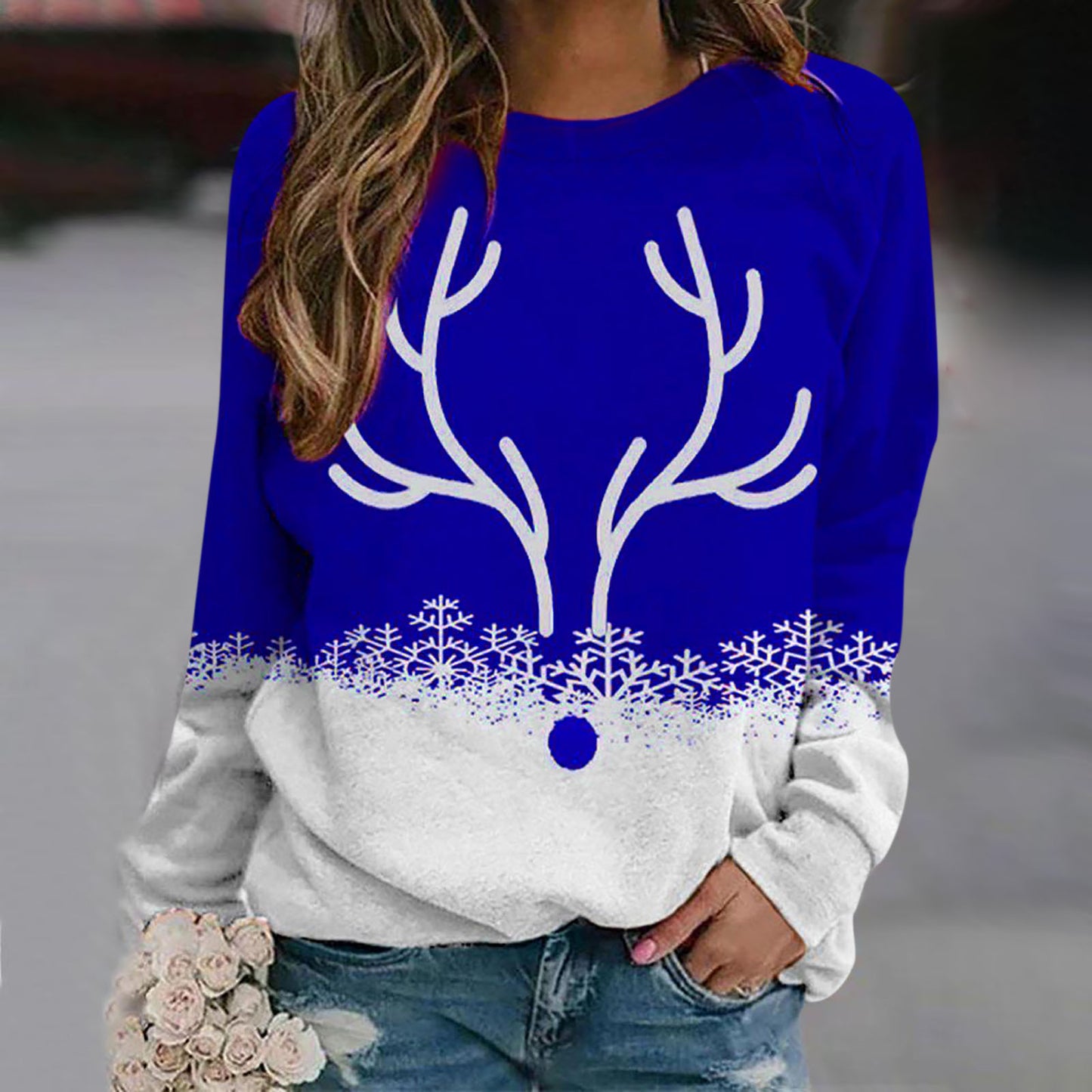 Snowflake and Deer Printed Round Neck Christmas Pullover Sweater