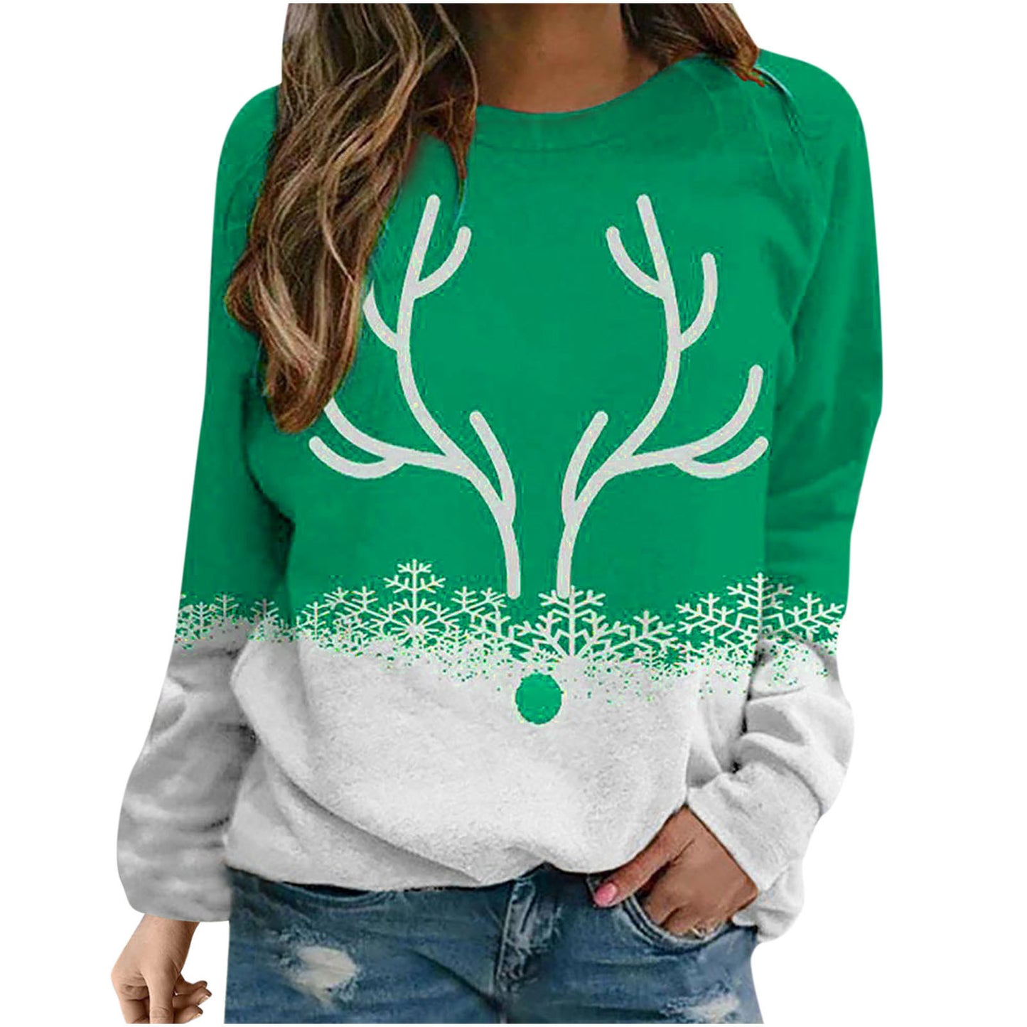 Snowflake and Deer Printed Round Neck Christmas Pullover Sweater