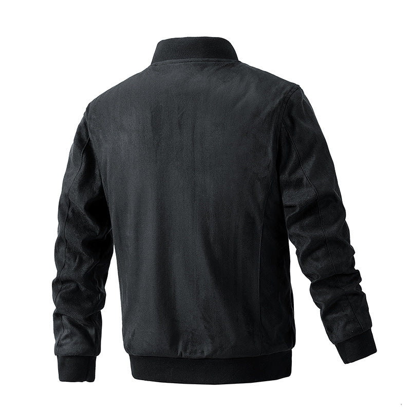 Suede Stand Collar Men's Jacket Double Zipper Pocket Clothing